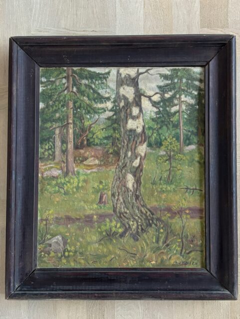 «Skogsparti» 🌲eldre maleri på lerret signert Kristian Jensen. Rammemål 51 x 59 cm. Pris: 1200 kr. Må hentes, sendes ikke. Kjøpe nå med Vipps? Send melding.