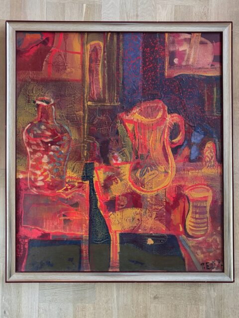 *SOLGT* Flott og fargerikt stilleben fra 1987, malt på lerret. Rammemål 80 x 91 cm. Signert T eller J (?) E, 87. Ukjent kunstner for meg. Pris: 2800 kr + 5 % BKH kunstavgift. Kjøpe nå med Vipps? Send melding. Må hentes. Søndagsåpent 12-16❣️