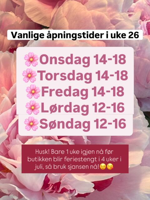 Én uke igjen med faste, vanlige åpningstider før jeg tar sommerferie og butikken blir stengt i uke 27-30. masse nytt henges ut 👗 ☀️Velkommen!☀️