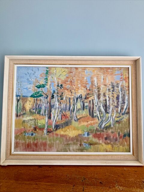 Nydelig høstmotiv i vakre farger på dette eldre maleriet, signert Helmer, ant. 1950-60-talls. Malt på lerret, rammemål 55 x 71 cm. Pris: 1200 kr. Kjøpe nå med Vipps? Send melding. All kunst må hentes, sendes ikke. 🍁🍂
