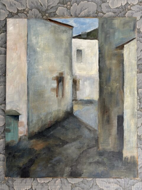 Stemningsfullt maleri i duse blå-grå-beige toner, malt på lerret på blindramme, ikke rammet inn. Usignert. Mål 38 x 46 cm. Pris: 1200 kr. Kjøpe nå med Vipps? Send melding. Må hentes. Torsdag 14-18.