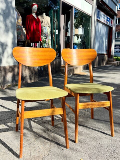 Et par fine, nette midcentury spisestuestoler i gyllen mahogni, 1950-60-talls. Pent trekk i lindegrønt stoff med litt fløyelstekstur (ikke originalt trekk). Stolene er i god vintagestand med litt patina. H 46/84 cm, B 42 cm, D 46 cm. Selges samlet for 1500 kr. Kjøpe nå med Vipps? Send melding. Må hentes.💚